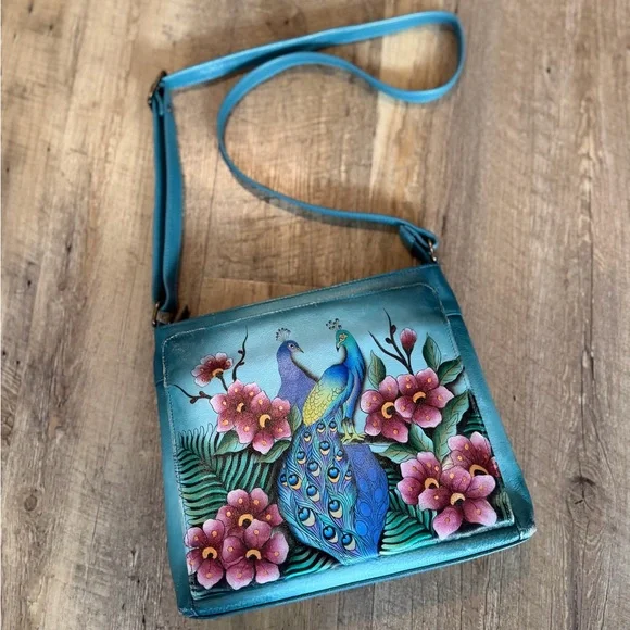 Anuschka Peacock Hand-Painted Blue Floral Crossbody Bag - Picture 3 of 15